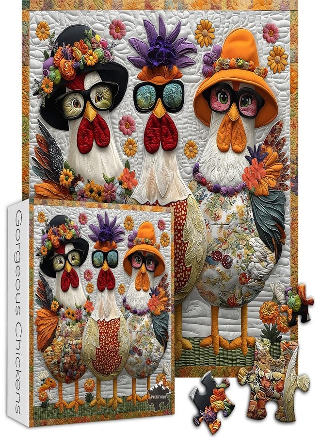 PICKFORU Funny Chicken Puzzles for Adults 1000 Piece，Rooster Flower Patchwork Art Quilt Puzzles，Colorful Jigsaw Puzzles with Animals - Image 2